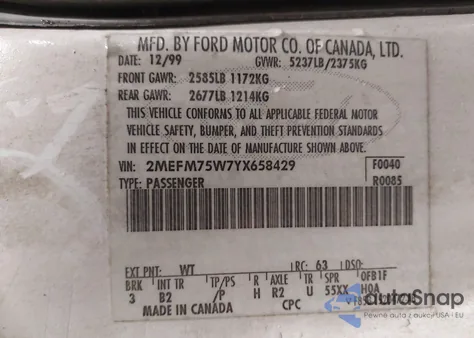 2000 Mercury Grand Marquis Ls z USA, uszkodzony, nr VIN 2MEFM75W7YX658429